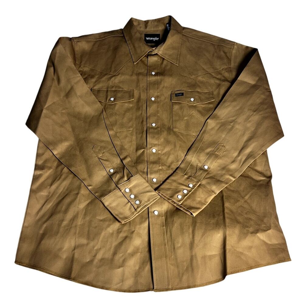 Wrangler Mens Long Sleeve Work Shirt Tan Brown Pearl Snap Cotton Size XL